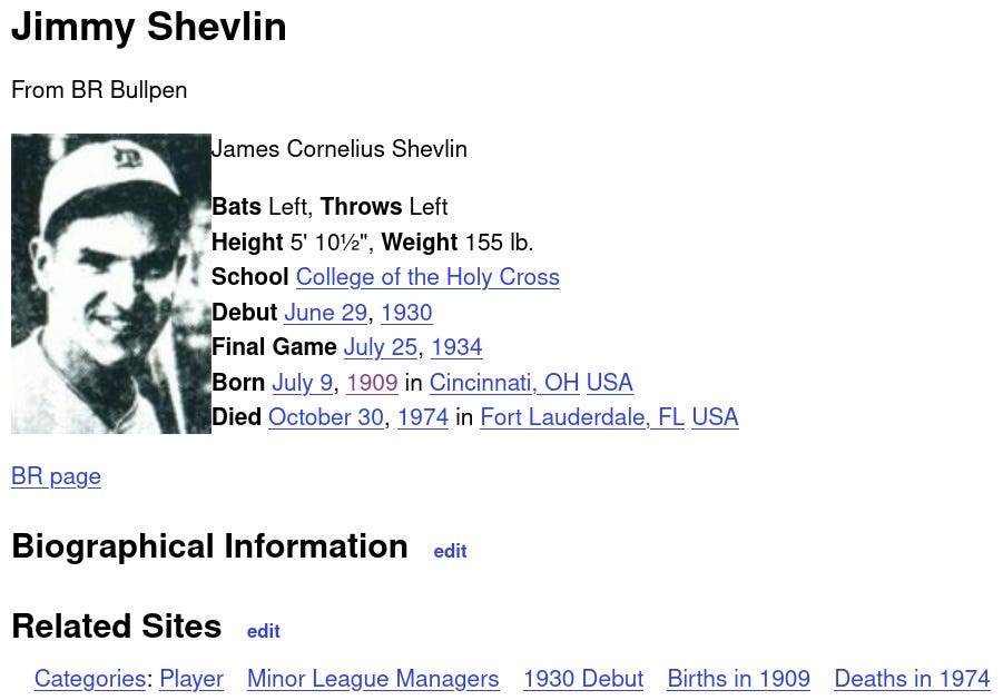 Jimmy Shevlin Baseball Reference Bullpen