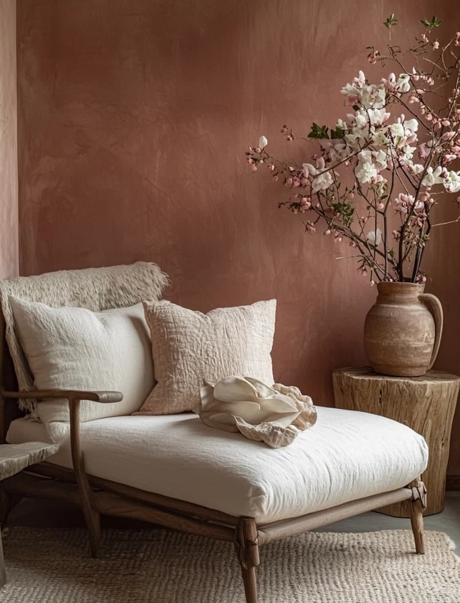 mocha mousse feature wall with creamy neutrals as cushions and throws on a cream chair