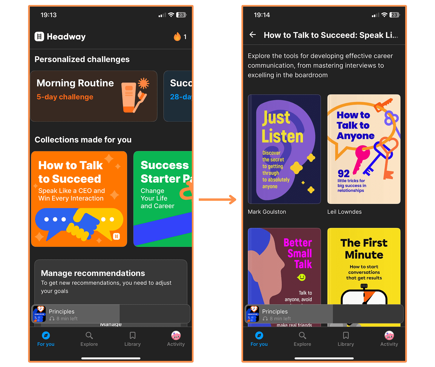 Headway’s Collections (mobile app + dark mode)