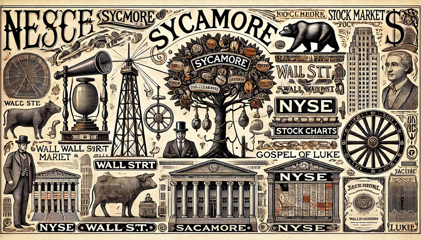 A vintage-inspired horizontal illustration depicting news being transmitted through a telegraph wire, with the word 'Sycamore' subtly woven into the design. The scene includes symbols of the stock market, like a bull and bear, Wall St. sign, stock charts, and NYSE building in a classic style. A roulette wheel is subtly integrated in the background. A sycamore tree stands prominently, referencing Zacchaeus from the Gospel of Luke, possibly with a small figure in the tree. The illustration combines elements of finance and traditional news transmission in a balanced, artistic composition.