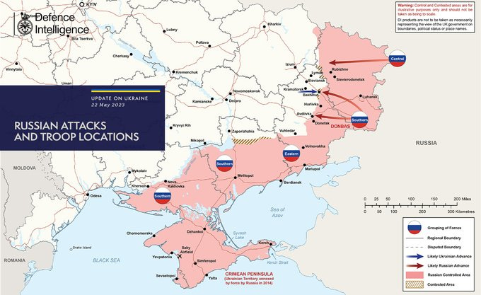 Russian attacks and troop locations map 22/05/23