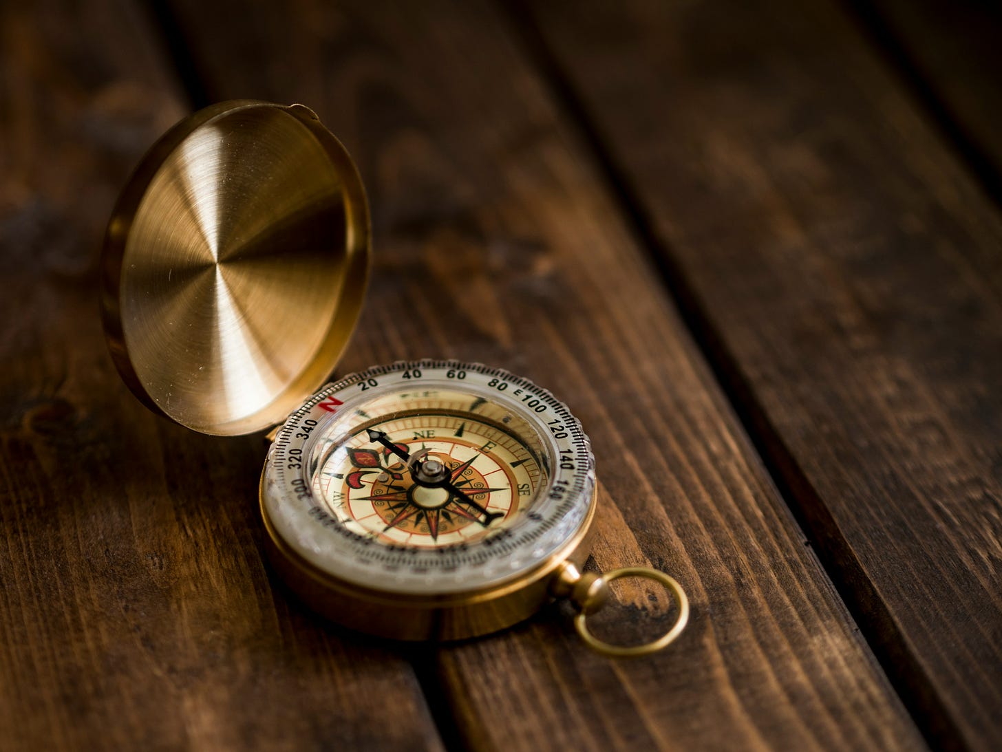 A gold-colored compass on a brown wooden table.