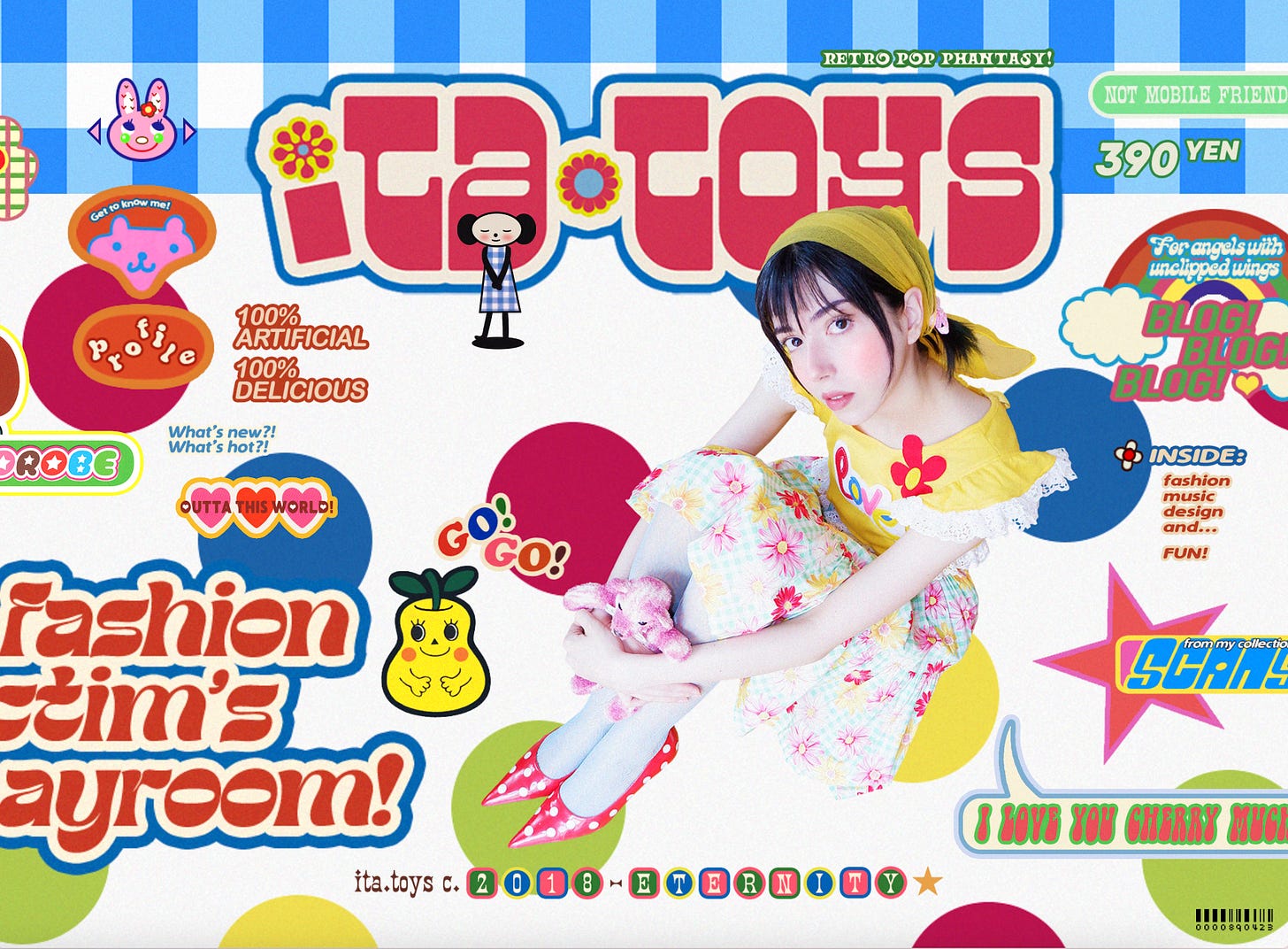 a busy website with lots of type and colors, a person with bangs and a frilly yellow dress, flower skirt, and red polka dot shoes looks at the camera. "Ta Toys"