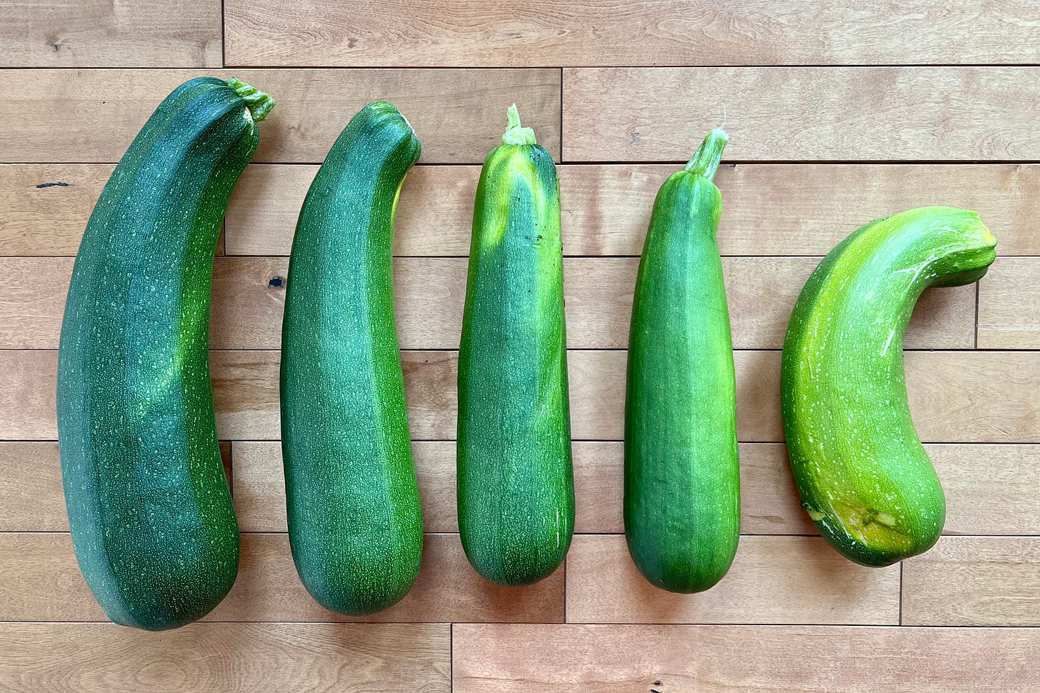 Photo of 5 zucchini on the wood floor.