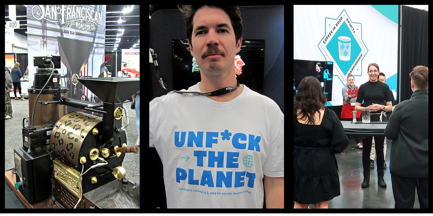 A 3-photo collage. From left: a close up of a San Franciscan coffee roaster in black and gold. Center: A white man with dark hair and a mustache stares at the camera. His shirt reads Unfuck the Planet. Right: A competitor presents at an SCA Good Spirits in Coffee competition.