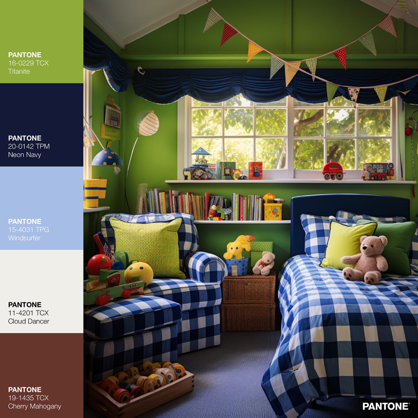 interior of children's bedroom with lime green and neon navy pantone colours