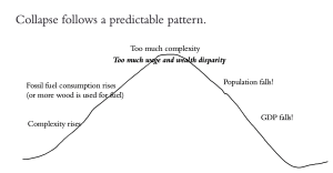 Chart titled: Collapse follows a predictable pattern. This chart shows a line that rises and falls, sort of like a mountain. On the way up, the caption says "Complexity Rises" and "Fossil fuel consumption rises or more wood is cut for fuel. The top of the mountain is labelled, "Too much complexity." <b>"Too much wage and wealth disparity."</b> On the way back down, the labels are "Population falls!" and "GDP falls!"