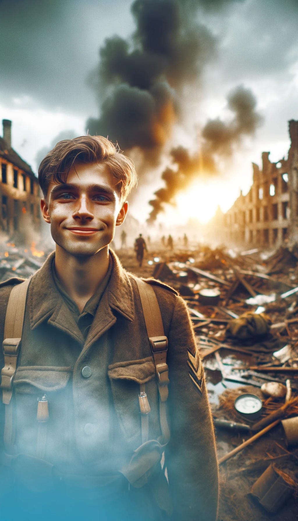 A photograph of a person with a brave expression, standing on a battlefield with ruins and smoke in the background. The subject is dressed in military attire, facing forward with a small, resolute smile. Despite the chaos behind, the sun is breaking through the clouds, casting a warm light on their face. Created Using: DSLR camera, golden hour lighting, high contrast, shallow depth of field, emotional intensity, detailed textures, realistic warzone, vivid colors, cinematic style