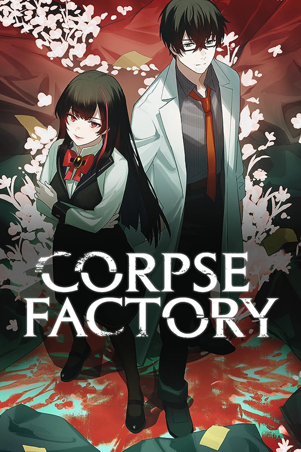 The cover of the VN Corpse Factory depicting two of the main characters standing next to each other.