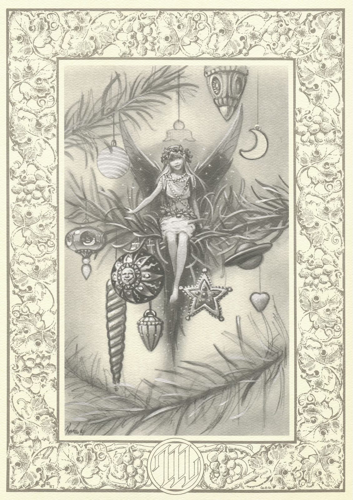 Painted in gray with white highlights. On a thin, needled branch of a Christmas tree, a winter sprite rests with wings spread and hands planted for balance. She is surrounded by elegant ornaments of all shapes representing the sun, moon, and stars. A simple heart dangles from the ringed planet Saturn. The border is again rendered in ink, this time gray, a pattern of holly and berries. Embedded at the bottom, the artists sigil, the letters M and W, rests within a circle.