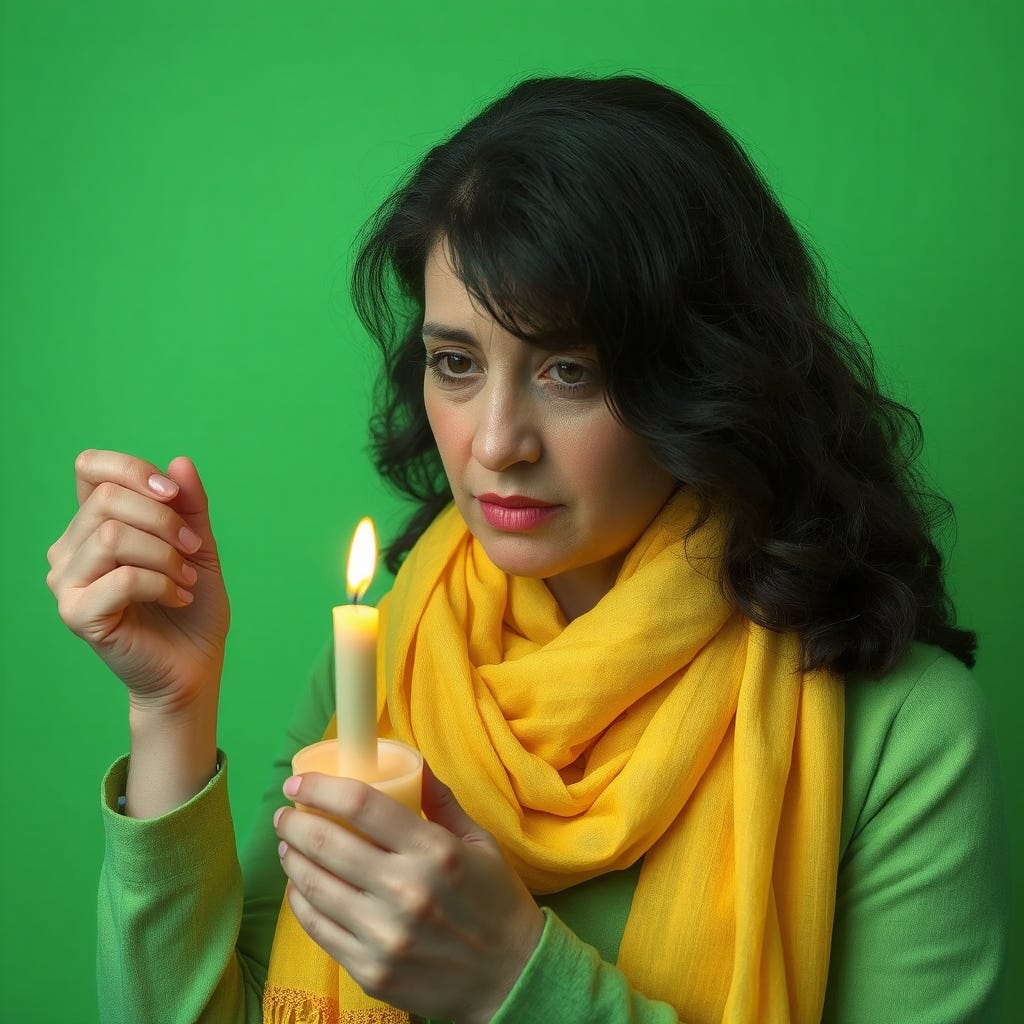 Sad, 35-year old, black-haired, caucasian woman with vivid color clothes wearing a yellow scarf, wearing contrasting vivid color accessories celebrating success isolated on vivid contrasting green background with candle1