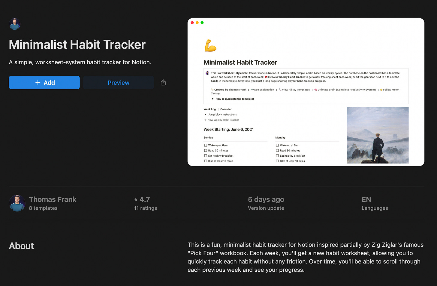 Thomas Frank's notion template habit tracker