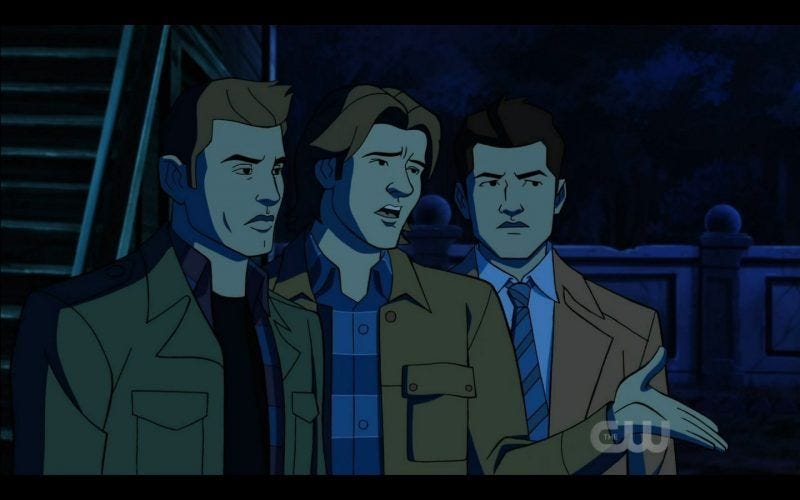 dean sam winchester with animated castiel am i in hell scoobynatural