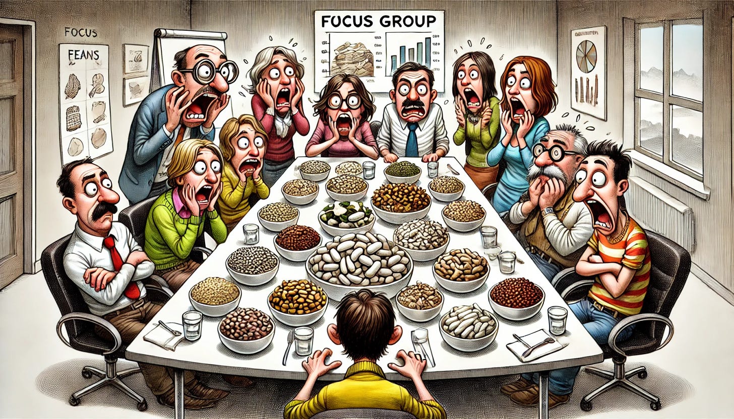 A cartoon of a focus group in a room, looking shocked and disappointed after being served beans, pulses, and legumes for dinner. The group consists of a smaller mix of people, with exaggerated expressions of surprise and dismay on their faces. The dinner table is covered with various dishes of beans, pulses, and legumes, clearly not what they were expecting. The setting is a typical conference room with a whiteboard and charts in the background. The overall mood is humorous, capturing the unexpected and unappetizing nature of the meal.