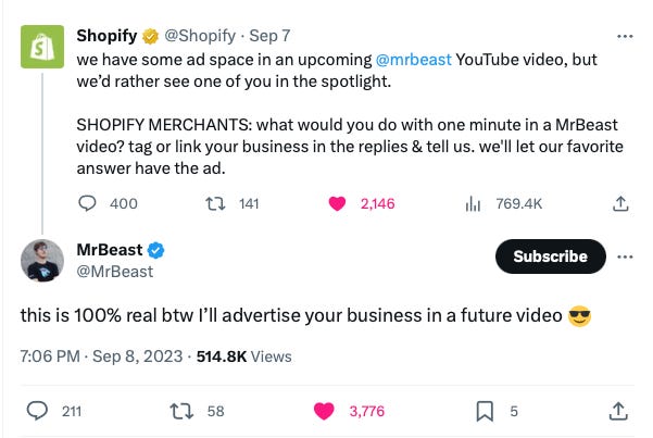 Twitter convo between Shopify and Mr. Beast announcing that they'll give a shout out to a Shopify Merchant.