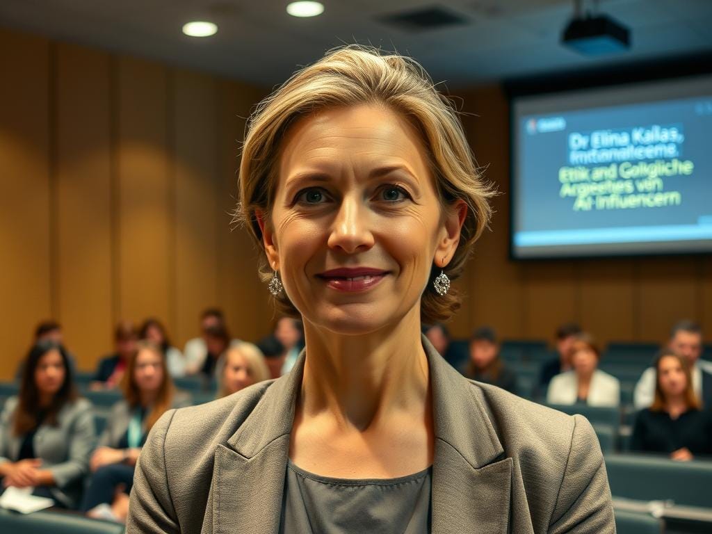 Close-up of Elina Kallas, intent on the lecture, dressed in business casual attire