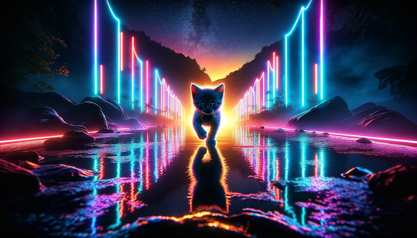Envision a wide-angle scene where a small kitten, illuminated by vibrant neon lights, bravely makes its way across an expansive lake. The kitten's silhouette is outlined by neon glow, casting reflections on the water's surface and creating a stunning path of light. The environment is shrouded in darkness, allowing the neon colors to stand out dramatically against the night. This setting, depicted in a wide aspect ratio, captures the kitten's adventurous spirit as it embarks on a remarkable journey across the water, combining elements of fantasy and reality to produce a visually captivating display of courage and curiosity.