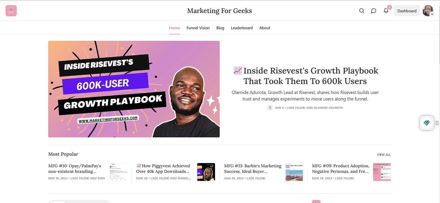 A screenshot of Marketing For Geek's homepage on Substack. The features post says "Inside Risevest's Growth Playbook That Took Them To 600k Users"