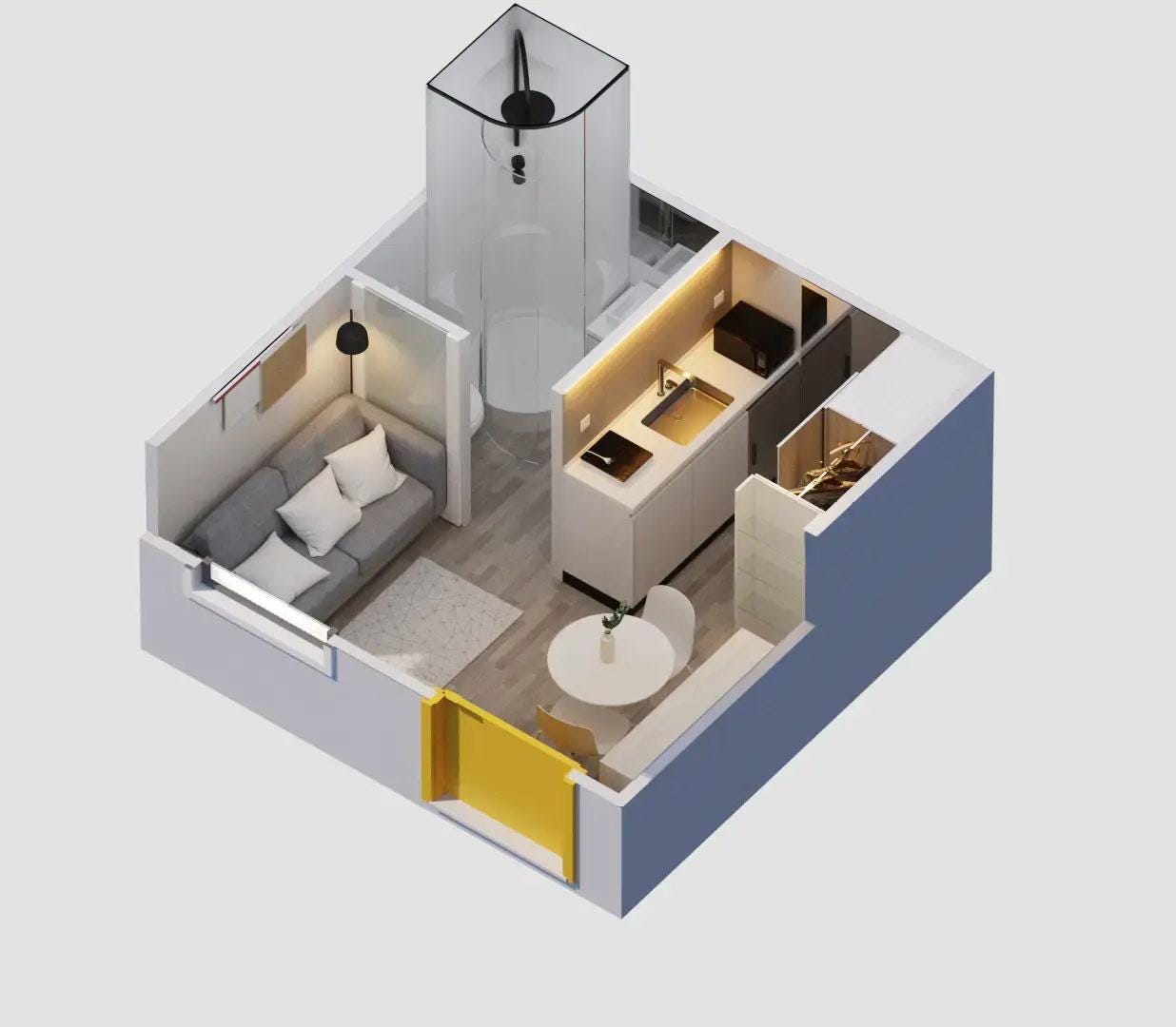 The Boxabl Baby Box floorplan, showing how well they've designed it without wasting valuable space in such a tiny home