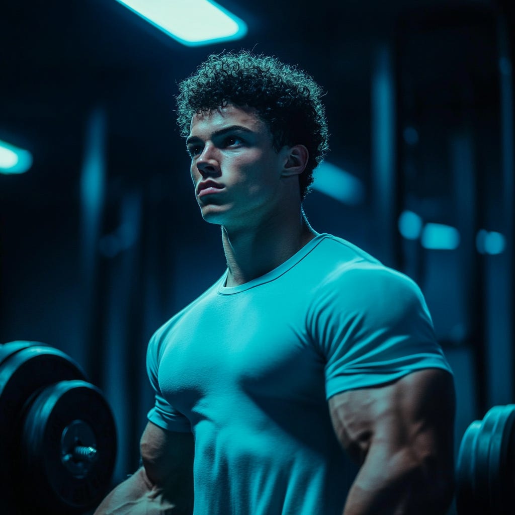 Strong male athlete wearing light blue gymgear is strength training in a dark gym.