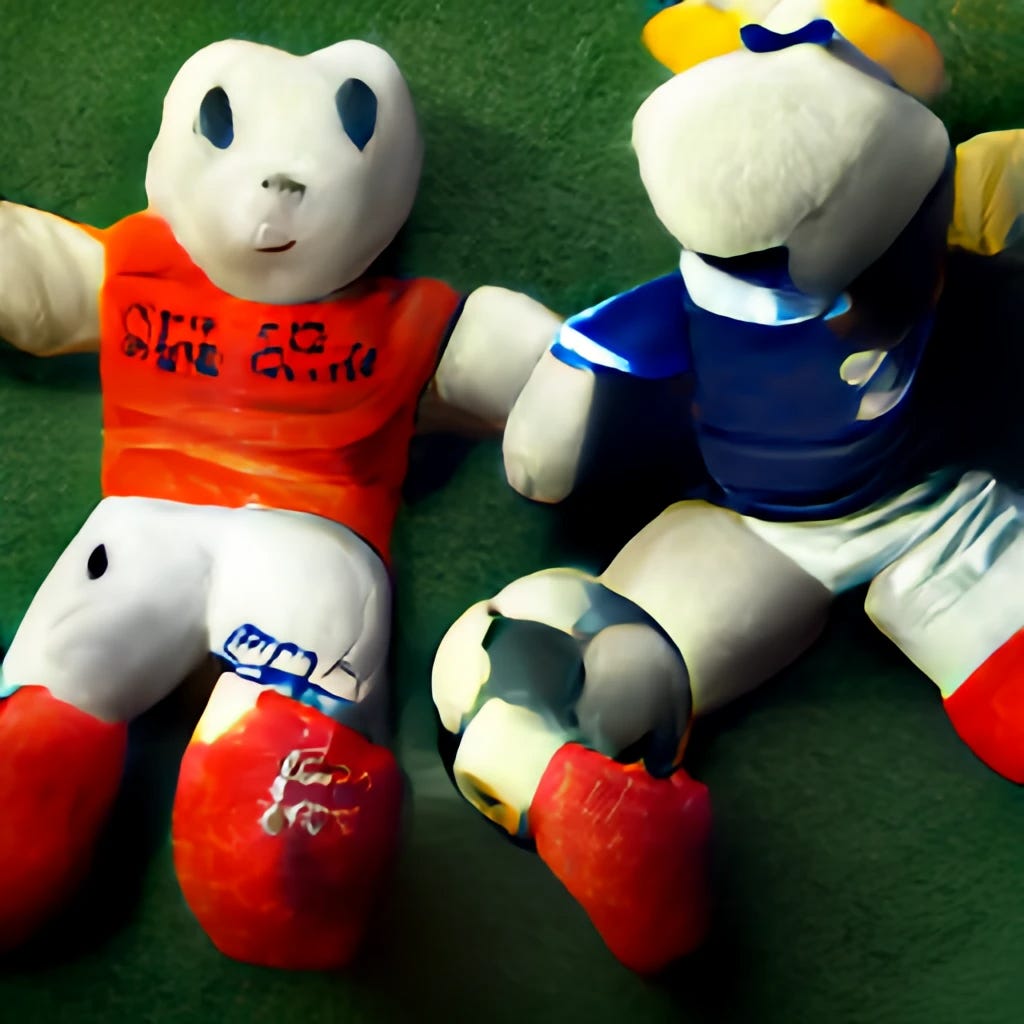 "World cup game, with plushies" foi o comando que dei para o Craiyon produzir essa imagem com dois bonecos de pelúcia tortos e bem estranhos, vestidos como jogadores de futebol.