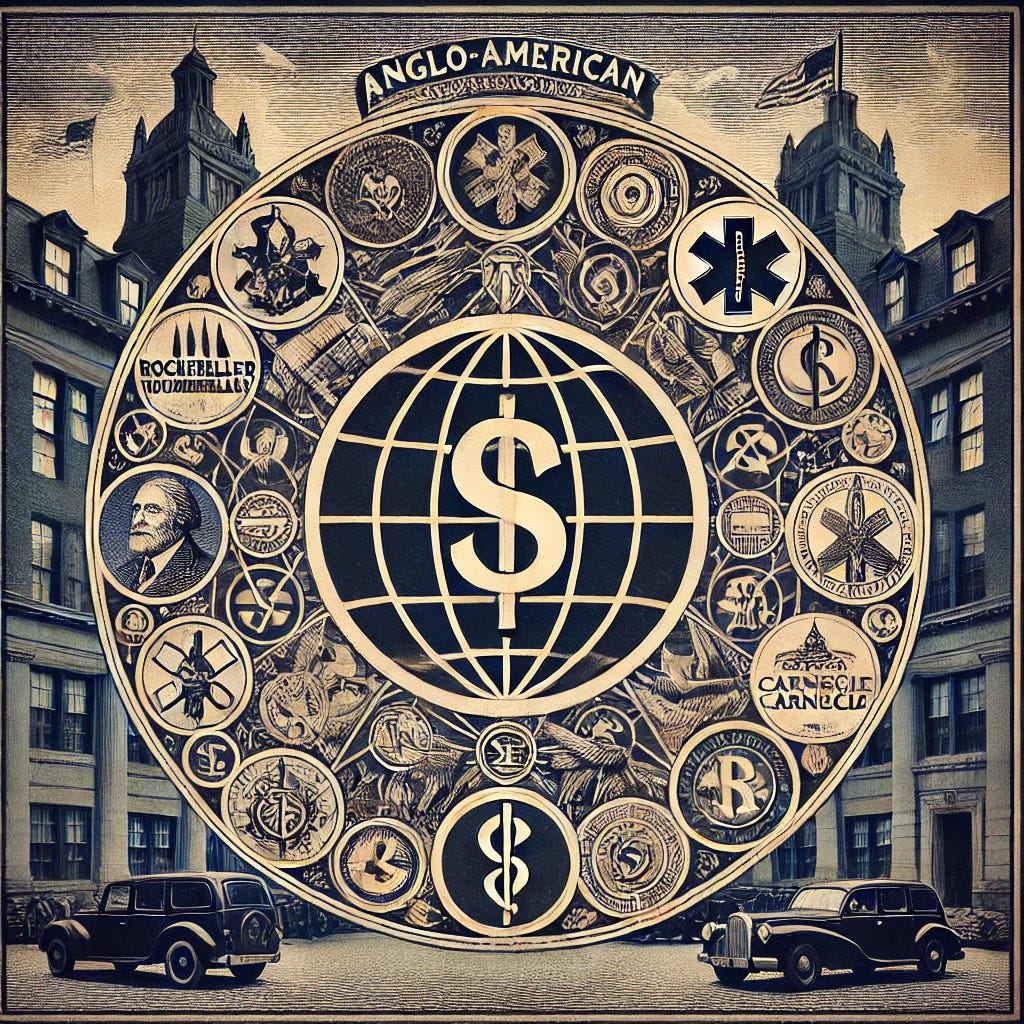 A square image depicting a scene that symbolizes the development and influence of the global medical system by Anglo-American oligarchs and their foundations. The scene could feature an intricate network of medical and corporate symbols, such as a globe at the center surrounded by various medical instruments, dollar signs, and the logos of famous foundations like Rockefeller and Carnegie. This central theme can be set against a backdrop of a historic medical building, symbolizing the historical aspect, with dark and foreboding tones to convey the sense of corruption and control. The image should have a vintage, historical feel with a touch of modern elements to represent the evolution of the medical system over time.