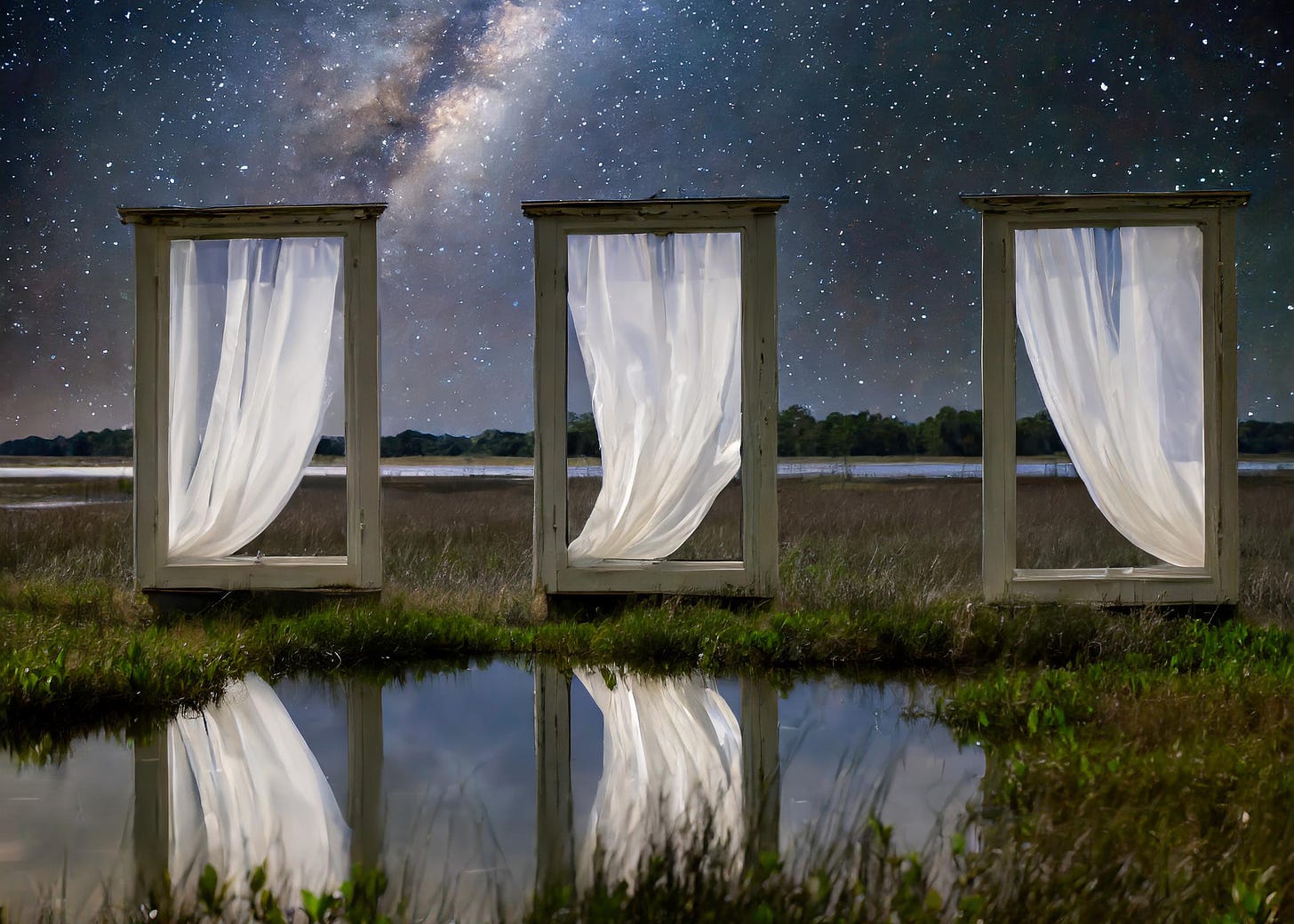 surreal image of three windows with billowing white curtains on open marsh against night sky