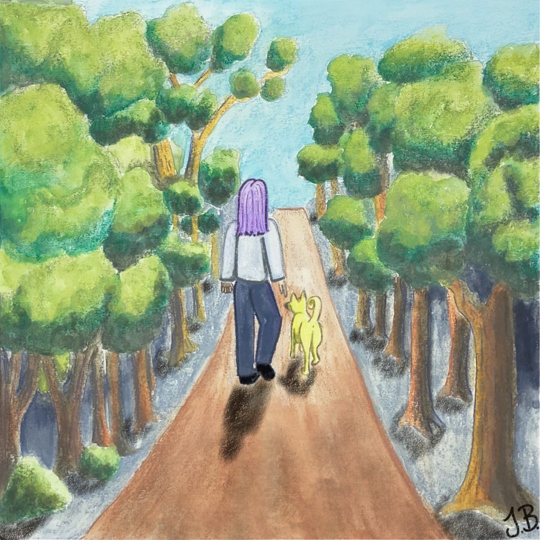 The woman and the dog walk down a path with blue sky ahead and a lush green forest on either side.