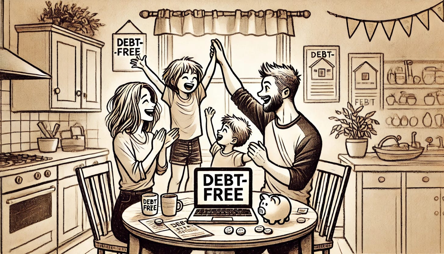 A sepia-toned, black and white hand-drawn illustration of a young modern American family celebrating being debt-free. The scene shows the family of four joyfully interacting at their kitchen table, which has a laptop displaying a 'debt-free' message or a financial milestone achieved. The parents look relieved and happy, perhaps high-fiving or hugging, while the children join in the celebration, one holding a piggy bank. The room is bright and tidy, with symbols of financial stability like a paid-off home or car in the background. The style is simple with basic line work and no shading, on slightly textured, sepia-toned paper, conveying a sense of achievement, relief, and joy.