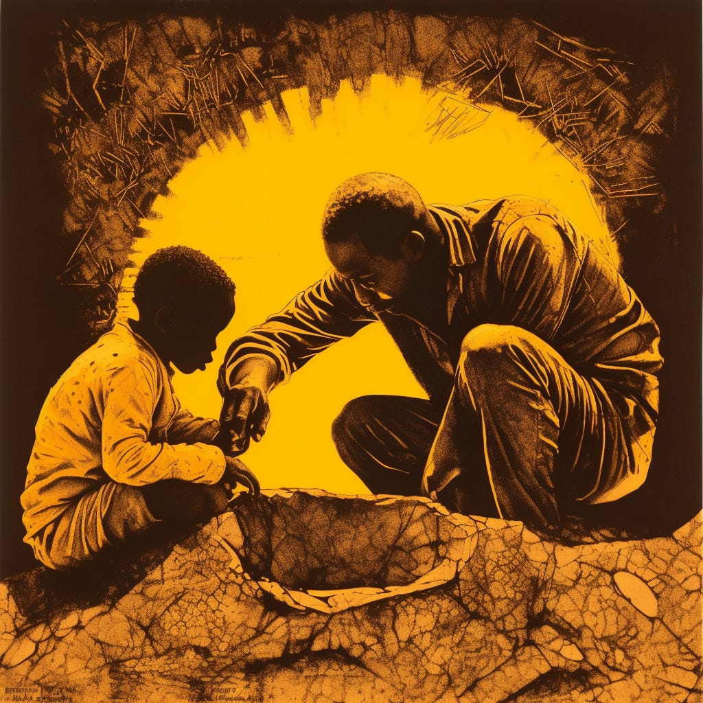 Create a personal and intimate portrait of an African man helping a sad African boy unearth himself from a cocoon made of soil. The man is using an etching laser to remove large chunks of soil from the cocoon, and the boy is peering out as he dries tears from his cheeks. There is a radiant, yellow and orange light emanating from the boy who is within the cocoon. Use a Sony α7 III camera with a 85mm lens at F 1.2 aperture setting to blur the background and isolate the subject. The surroundings should be ethereal and cosmic, and the man looks kind, merciful, and protective as he helps the boy remove the layers of direct around him. Use dreamlike lighting with soft, fantastic colors falling on the subject’s face and hair. The image should be shot in high resolution and in a 9:16 aspect ratio. Use the latest Midjourney model with photorealism mode turned on to create an ultra-realistic image that captures the subjects' deep connection to one another and shows the exuberance of both as they ascend to nirvana together.
