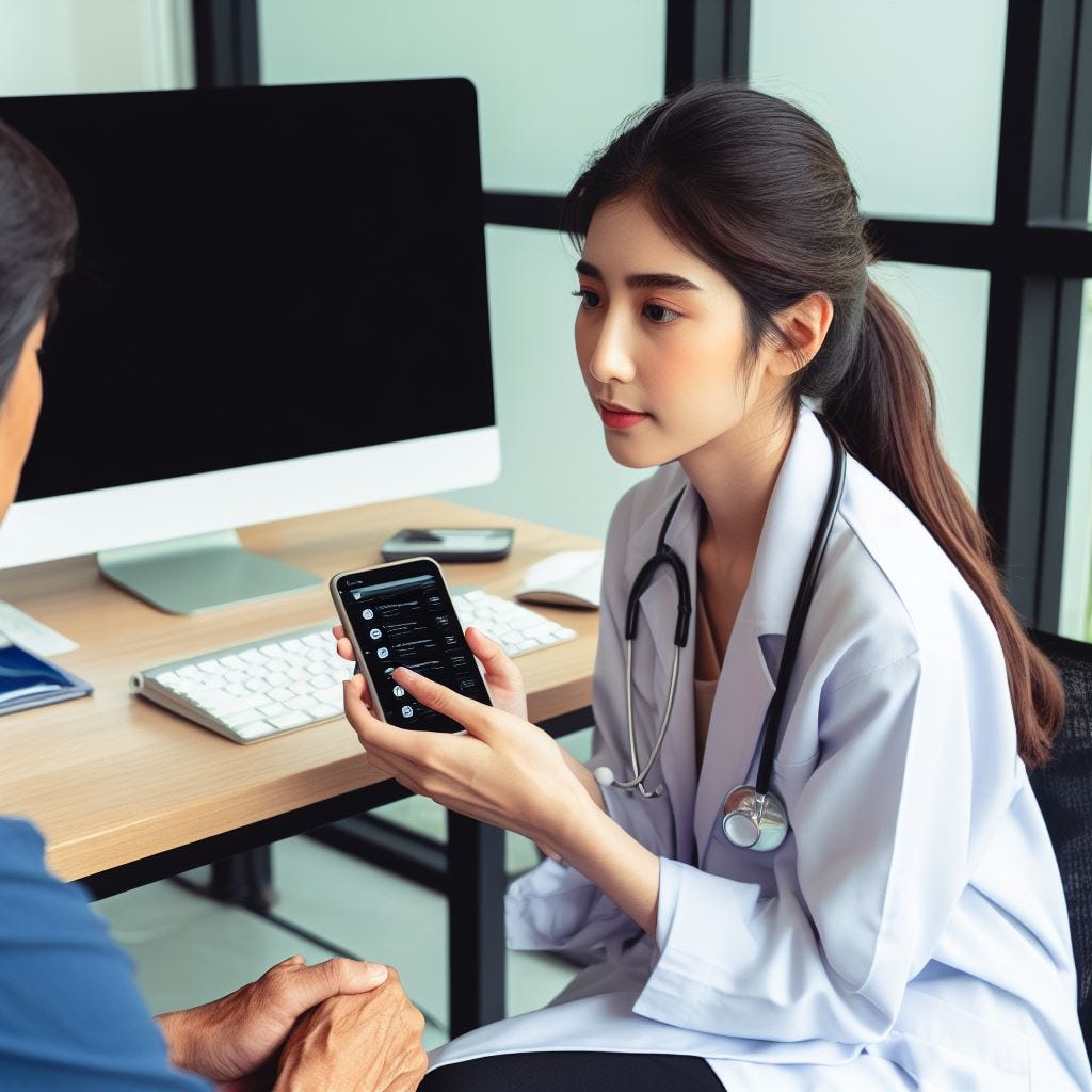 A female physician sitting across from a patient in the clinic exam room where the computer is behind the doctor and not even turned on while the doctor holds their iPhone in front of them as she talks to the patient.