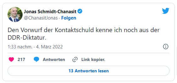 Jonas Schmidt-Chanasit am 4. März 2022 auf X: "Den Vorwurf der Kontaktschuld kenne ich noch aus der DDR-Diktatur." Ähnliche Vergleiche mit Bezug zur DDR stellte er auf X wiederholt an.
