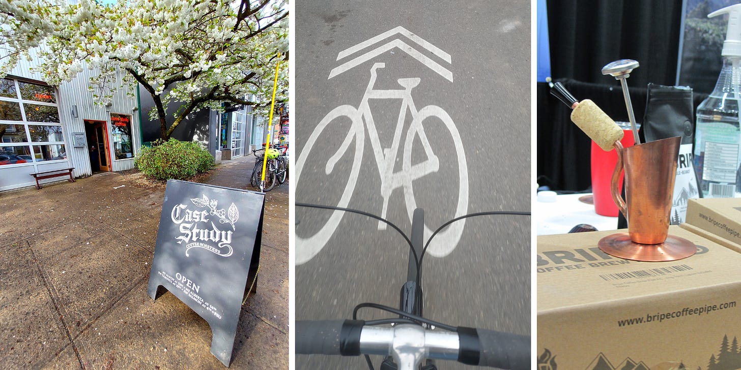 From Left: The front of Case Study Coffee-a tree with white flowering buds over hangs the entryway into the metal building. Center: A cyclists POV of their handlebars riding over a bike lane sign painted on the ground. Right: The Bripe, or coffee pipe.