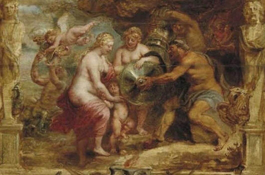 Thetis receiving the arms of Achilles from Hephaestus by Peter Paul Rubens (1630)   