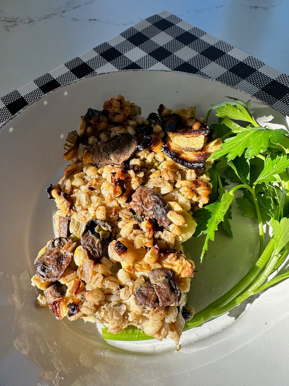 Leek, Apple, and Mushroom Baked Barley Risotto