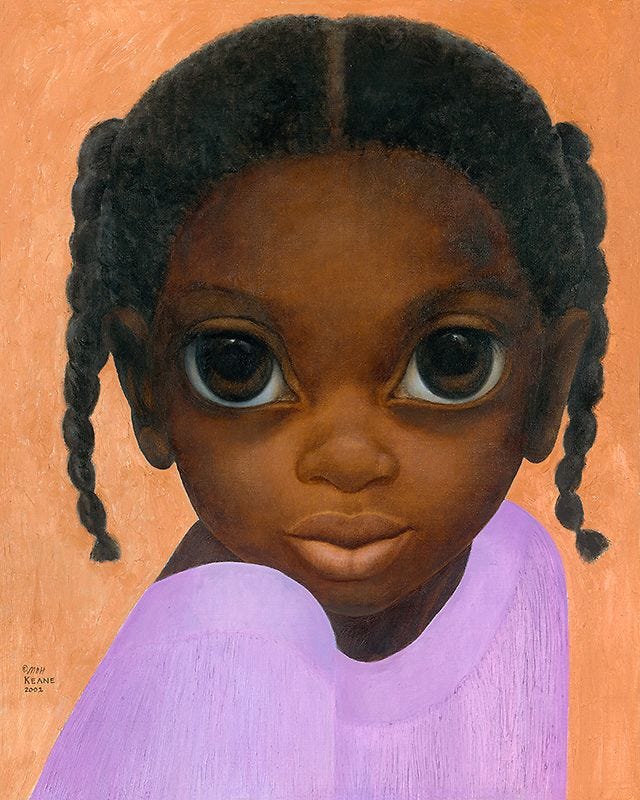 Zoomed-in portrait of a Black girl with braided pigtails and large eyes reminiscent of Margaret Keane’s art. She wears a soft purple shirt, staring forward with protective stillness.