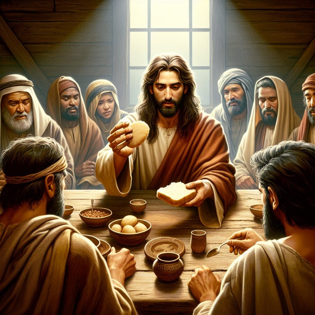 Matthew 26:26 - "¶ And as they were eating, Jesus took bread, and blessed it, and brake it, and gave it to the disciples, and said, Take, eat; this is my body."