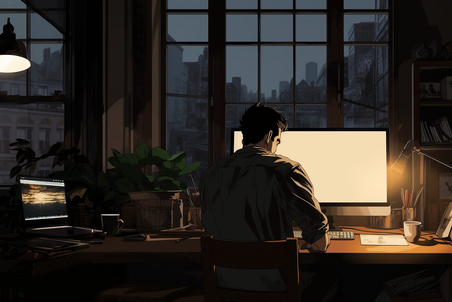 Writer sitting in front of a blank screen on the computer, late at night
