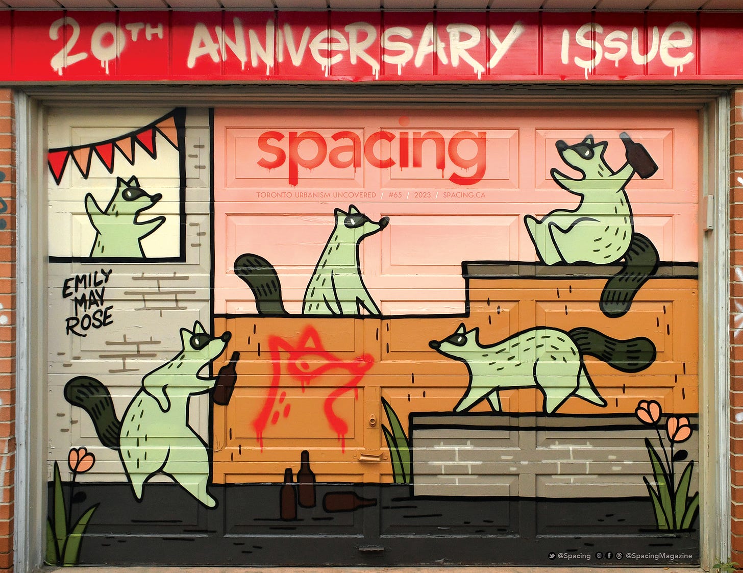Issue cover featuring mural of racoons having a party