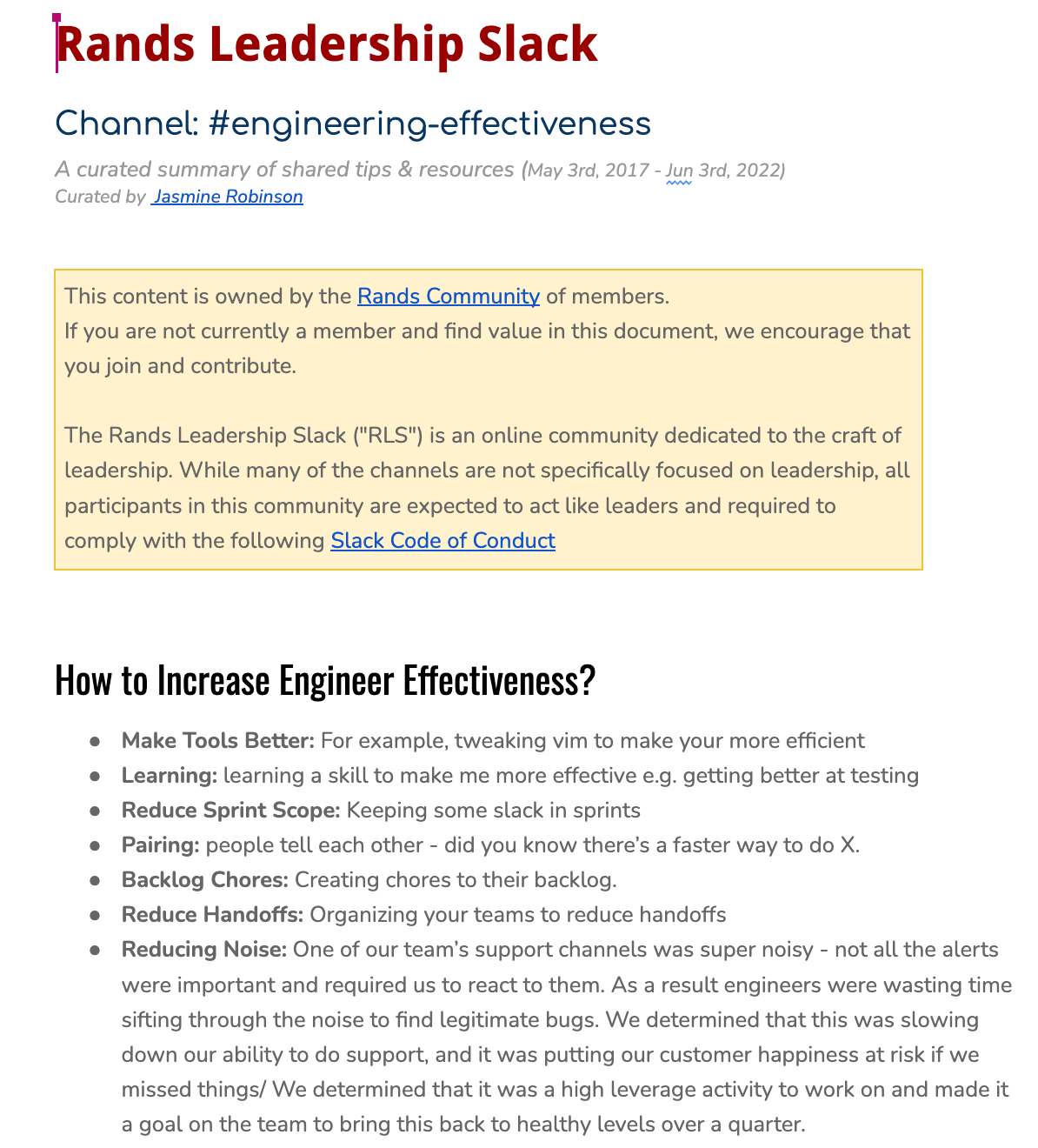 Table of Contents for the Rands Leadership Slack #Engineering-Effectiveness channel distillation