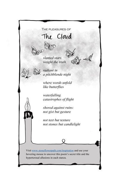 A monochrome image of the poem 'The Cloud' by Helen sword with motifs of butterflies and a candle by Selina Tusitala Marsh