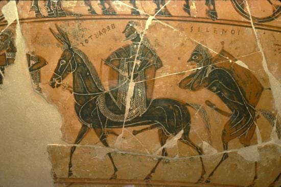 Detail of Francois Vase, Hephaestus, on a mule, followed by Silenus, c6th  century BC