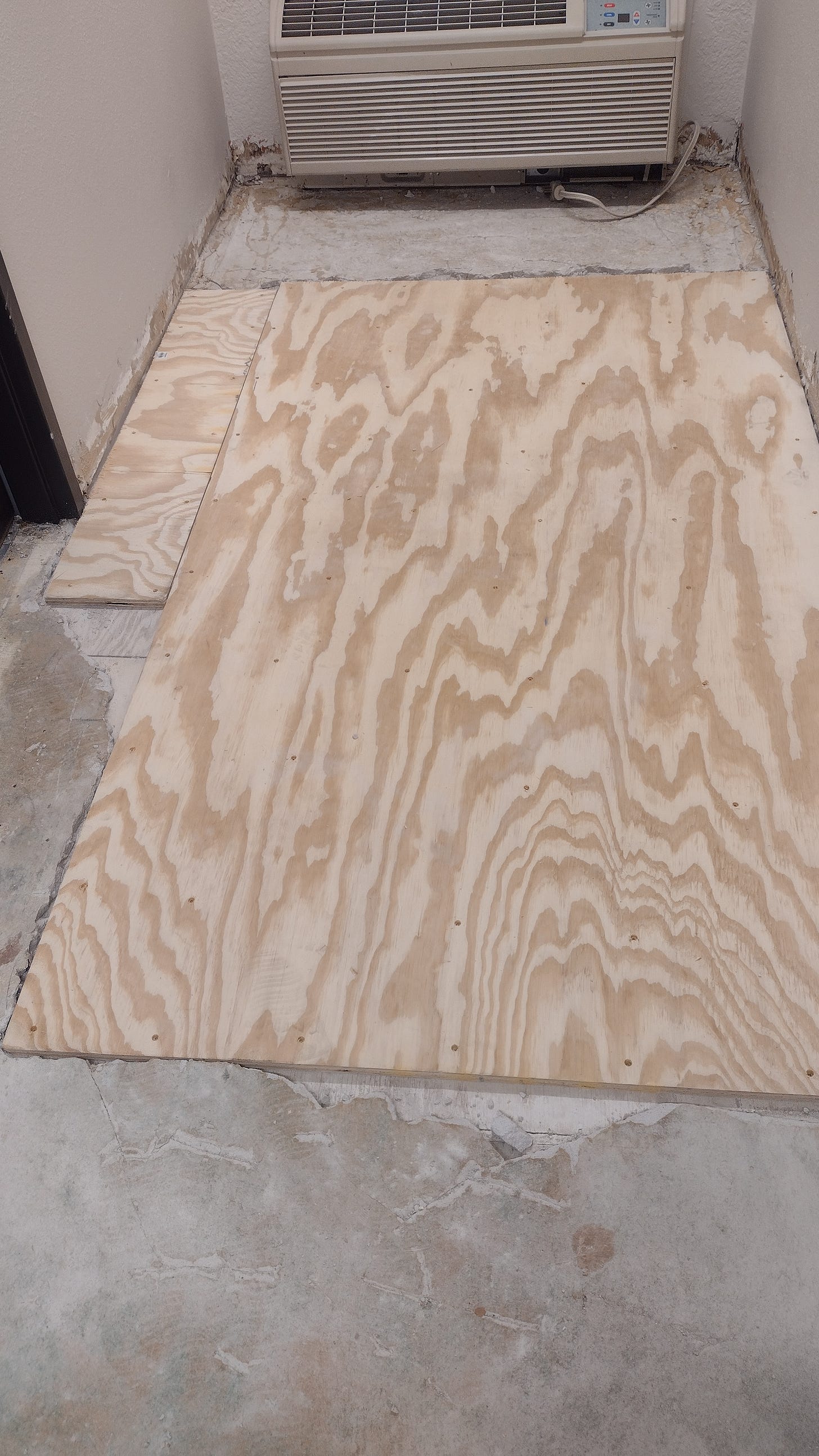 Plywood in places where the crumbling cement was