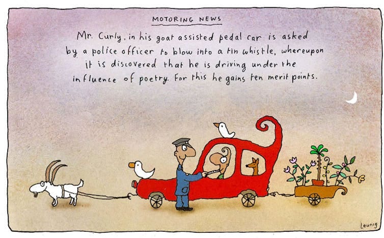 Mr Curly's car pulled by a goat, he is breathalysed. Mr Curly's car pulled by a goat, he is breathalysed.