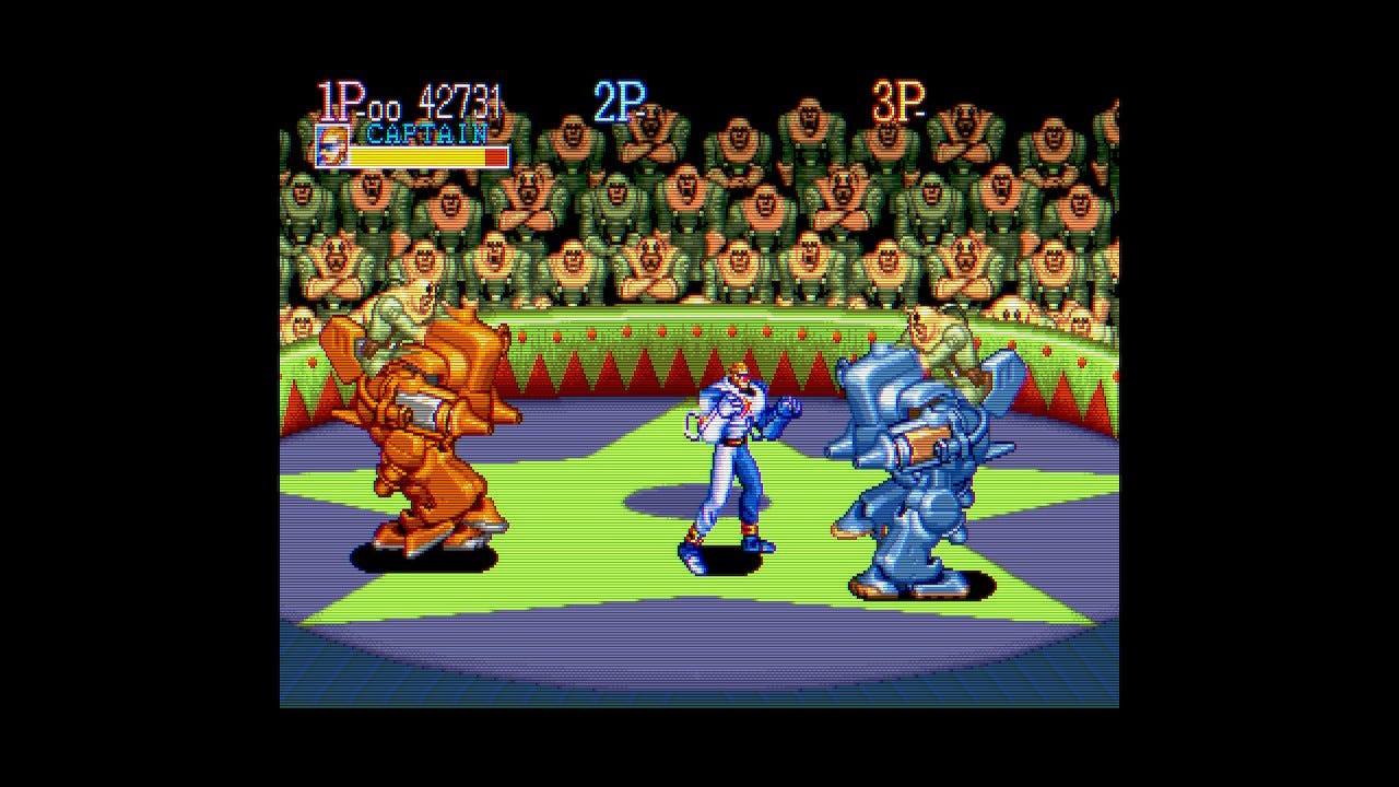 A screenshot from Captain Commando, of the titular hero about to face off against a pair of mech-riding bad guys, in front of a crowd full of bad guys watching.