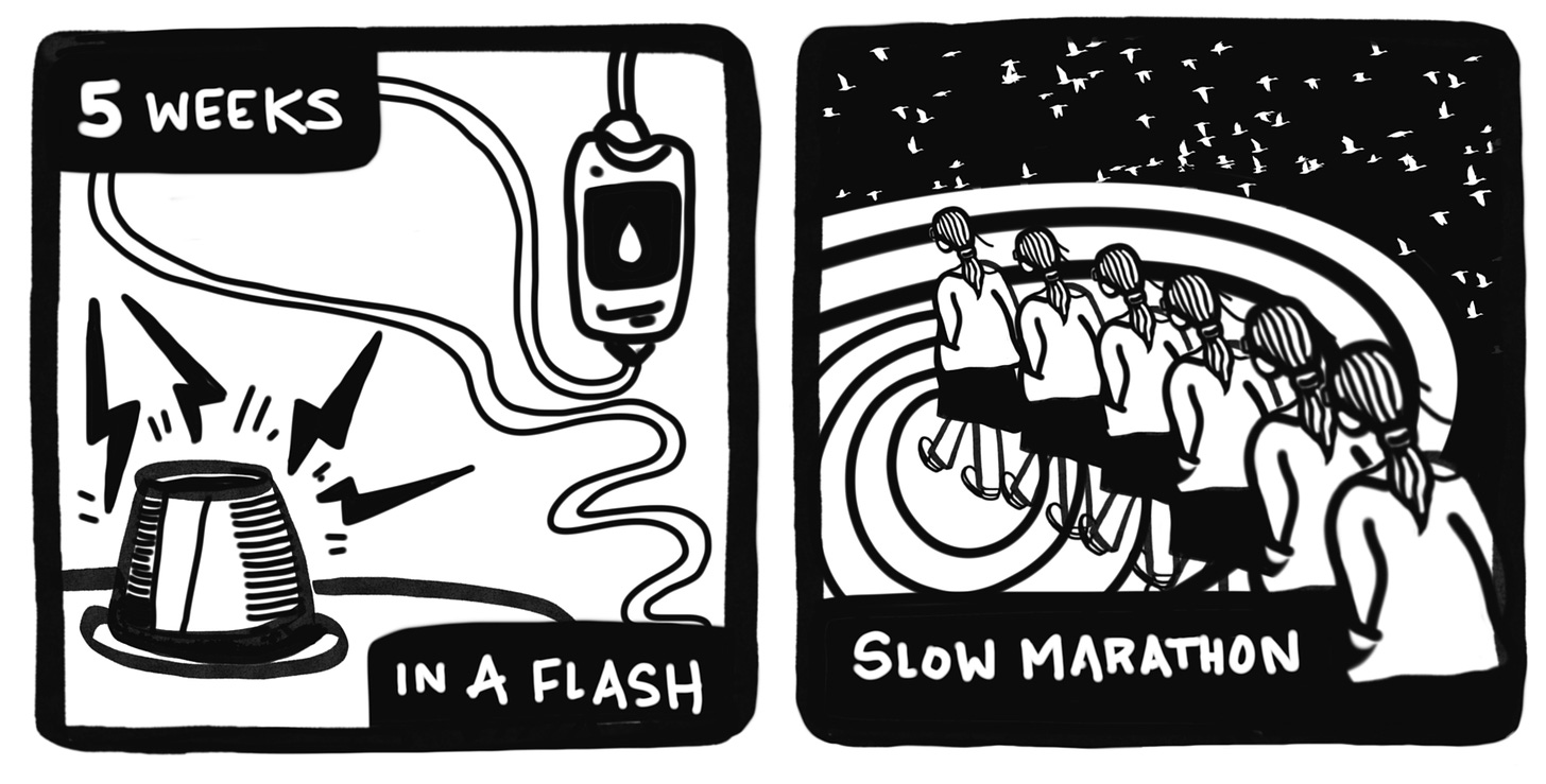 Graphic novel panels of emergency and woman walking. 