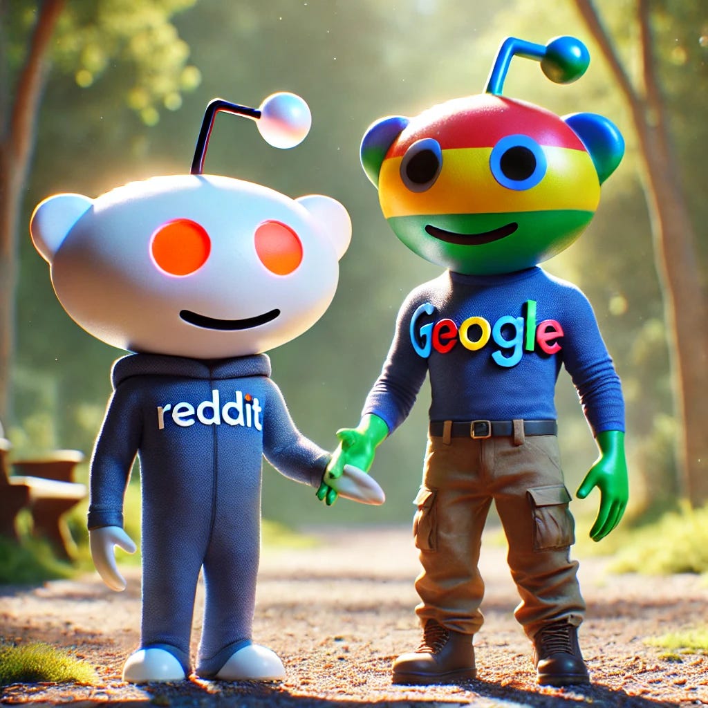 A photorealistic image depicting Reddit and Google as best friends. Reddit is represented by its iconic alien mascot, 'Snoo,' and Google by a friendly, colorful letter 'G'. Both characters are in a lifelike setting, with Google now appearing fully dressed, perhaps in casual attire like a pair of pants and a shirt, to avoid looking strange. They are in a natural environment, like a park, engaging in a friendly gesture such as walking side by side or high-fiving. The lighting is natural, with vivid colors, emphasizing their positive relationship and collaboration.