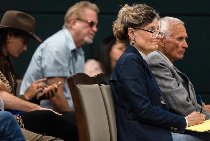 Laura Pressley, a self-styled poll-watching expert and vocal opponent of electronic voting systems, listens to proceedings during a trial disputing the integrity of a November 2019 special election, at the Gillespie County Jail in Fredericksburg, on Oct. 10, 2022. Pressley aimed to show that the election process was flawed, and that mistakes made in the tabulation of election results meant that the true outcome of the 2019 special election could not be determined.