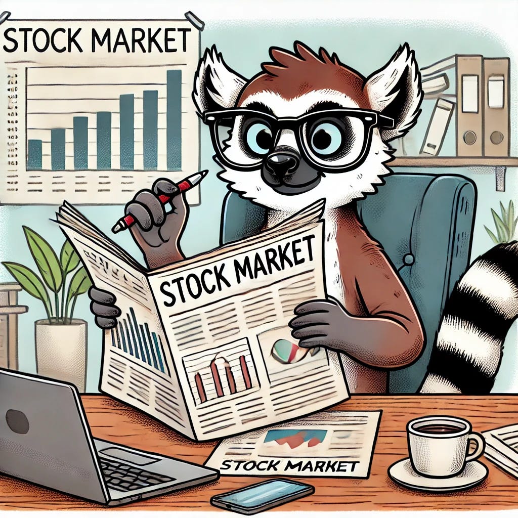 A cartoon lemur sitting at a desk, reading a financial newspaper titled 'Stock Market' with charts and stock market news. The lemur is wearing glasses and holding a pen, looking serious and focused. The desk has a laptop, papers, and a cup of coffee. The background shows a simple office with a bookshelf and some plants, in the same cartoonish, light-hearted style as the first lemur illustration with bold black outlines and flat, soft colors.