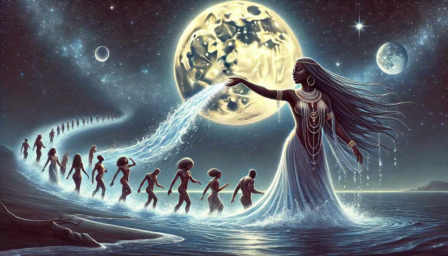 A mystical full moon night scene featuring an African American divine goddess, embodying water, gracefully pouring water onto her descendants as they emerge onto land. The goddess has flowing water-like hair, rich brown skin, and a luminous presence. The water she pours shimmers under the moonlight, connecting the ocean to the land. The descendants appear as human figures transitioning from water to land, bathed in a soft, mystical glow. The background features a vast, star-filled sky with a single large radiant full moon, casting a serene and magical atmosphere.